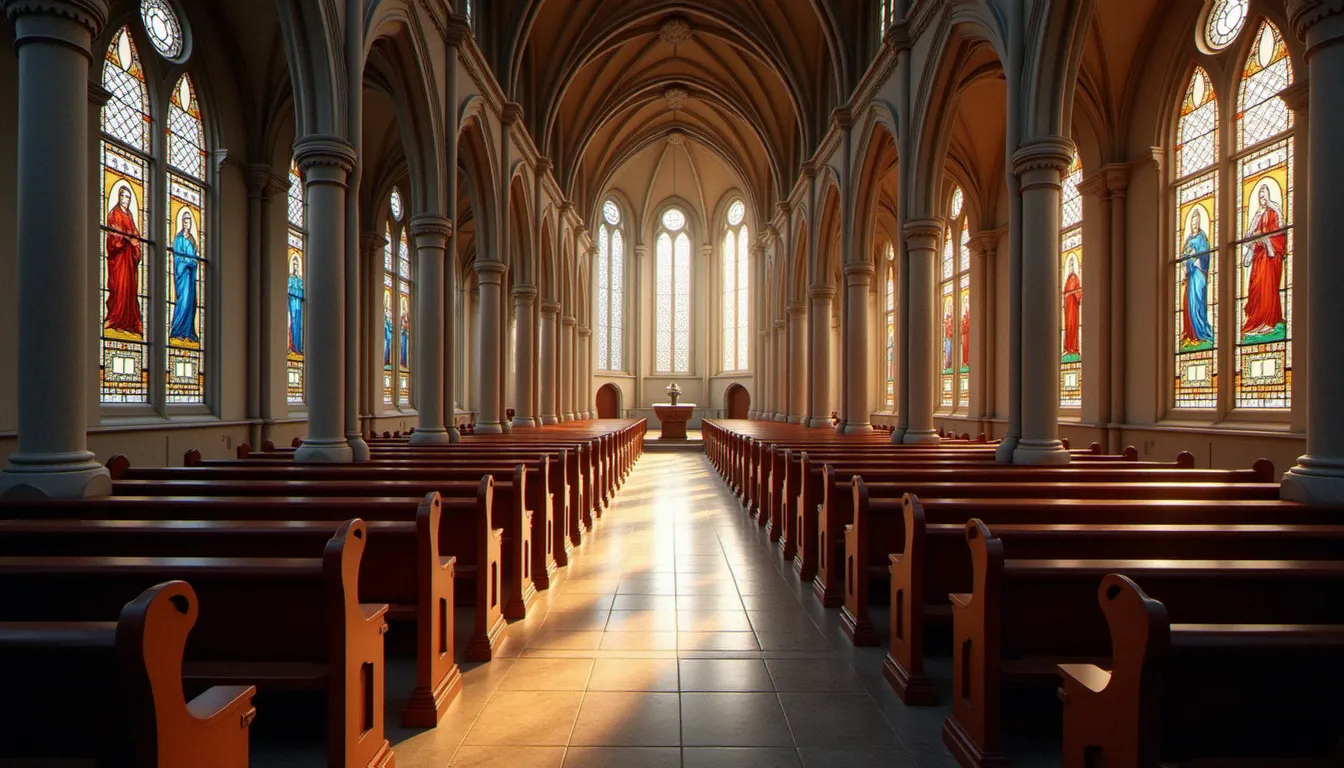 Intérieur du sanctuaire de Pontmain, basilique néogothique dédiée à l'apparition mariale