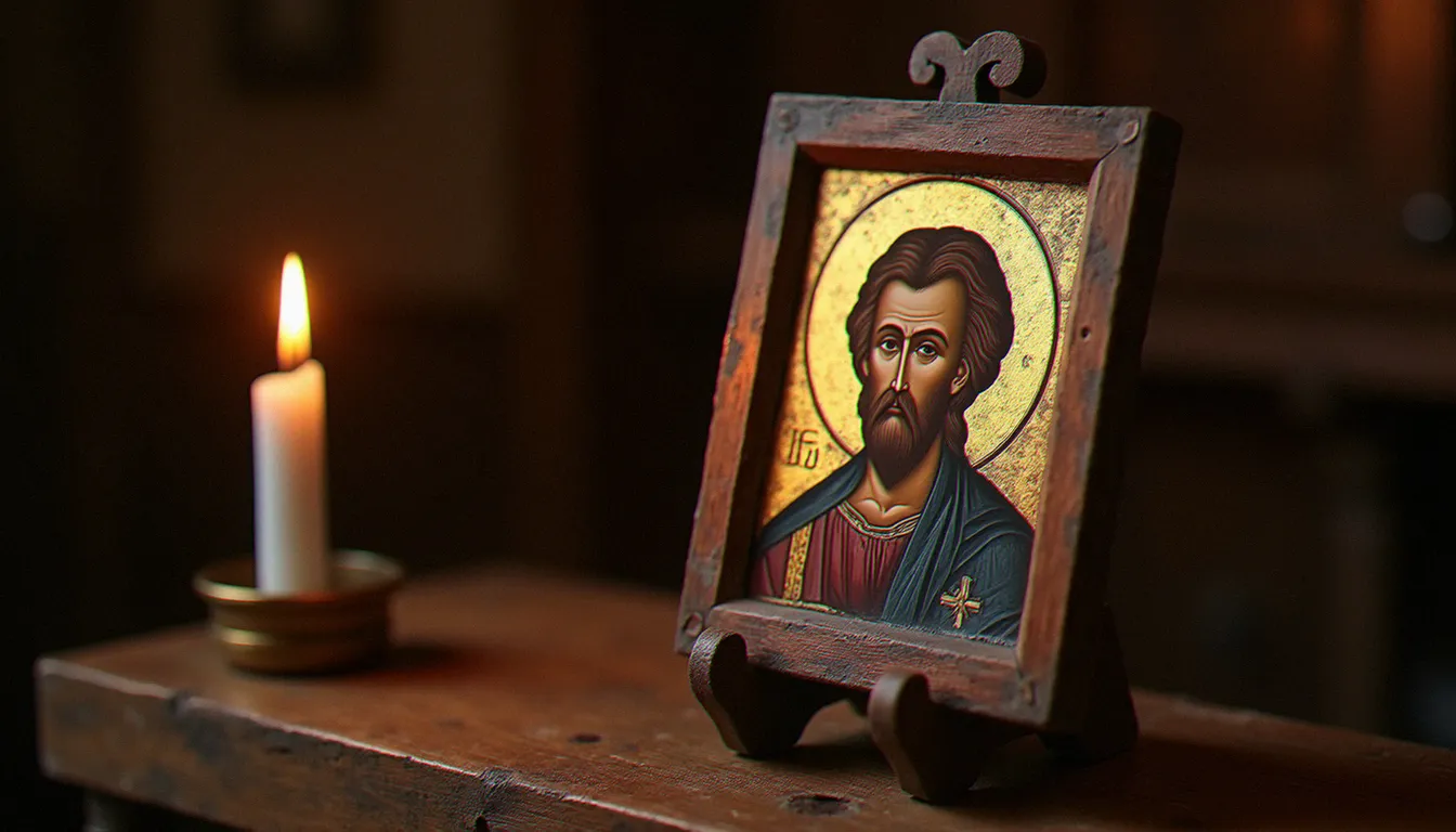 Icône byzantine à fond d'or éclairée par une bougie dans une chapelle, symbole de l'image sacrée dans la tradition chrétienne