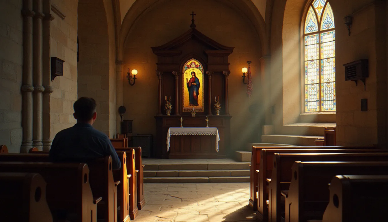 Personne assise dans une église romane devant une icône, illustrant l'art et la spiritualité par la contemplation