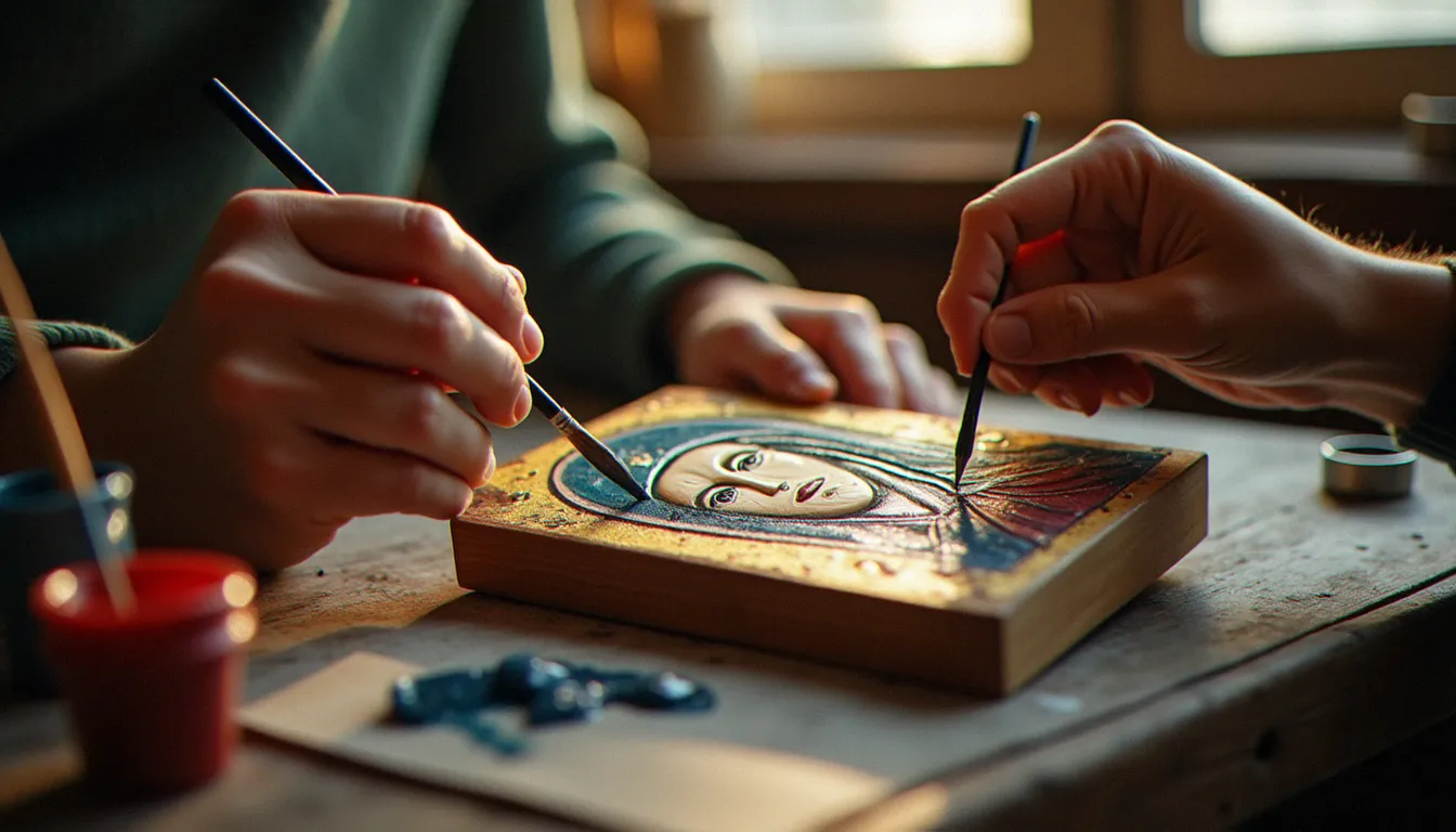 Une main peint une icône religieuse traditionnelle avec des pigments naturels et des accents de feuille d'or