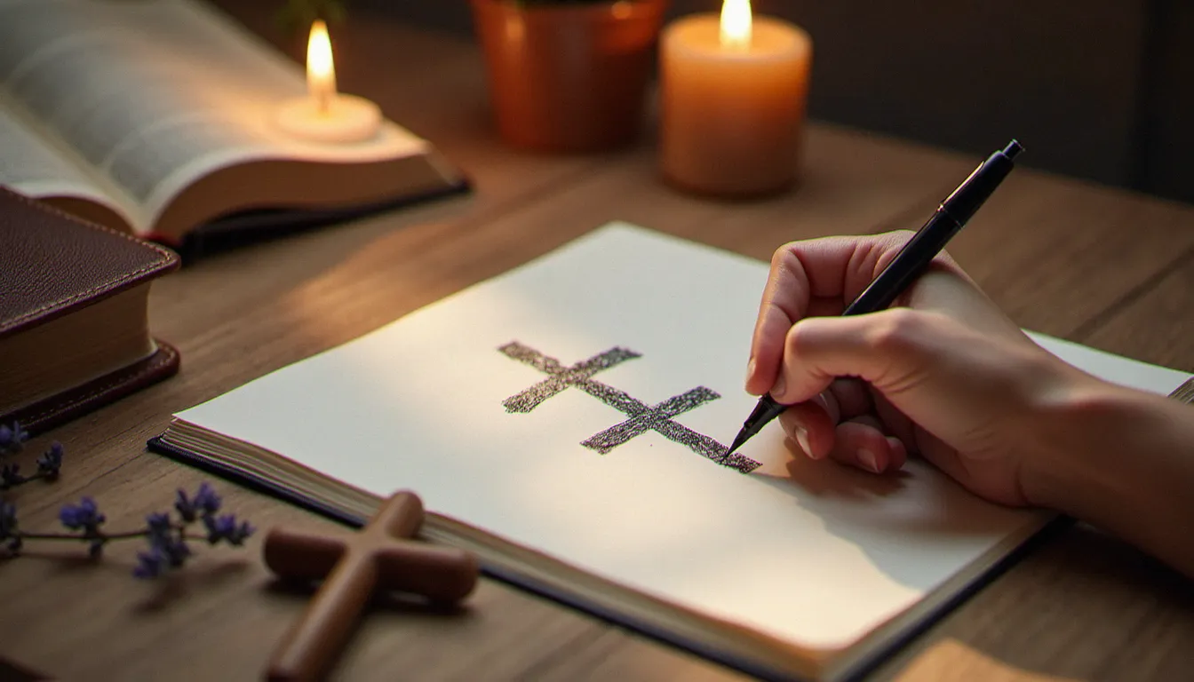 Une personne en méditation dessine un symbole religieux à l'encre sur du papier blanc, entourée d'une Bible ouverte et d'une bougie allumée