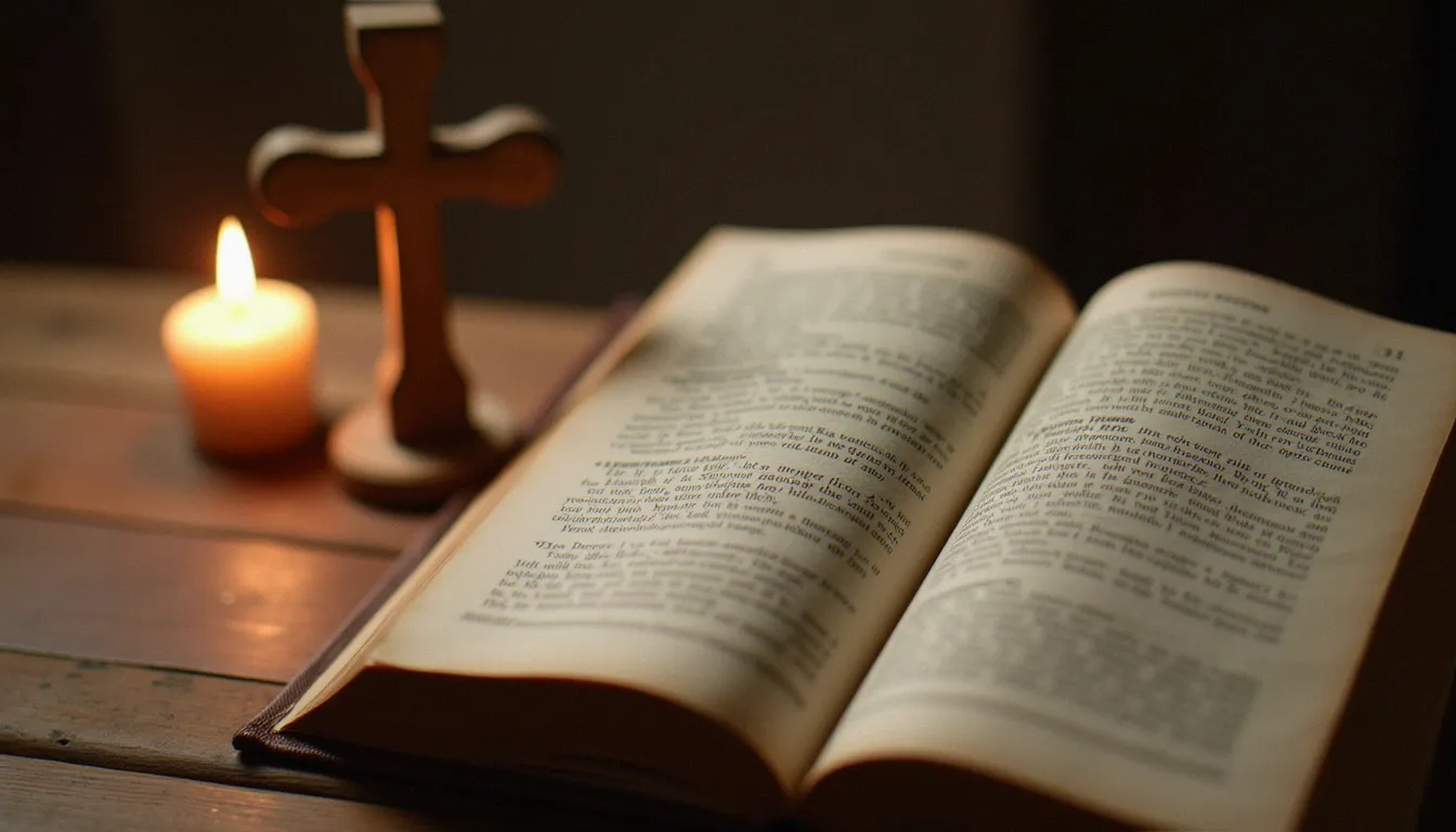 Livre ancien ouvert, bougie allumée et petite croix en bois posés sur une table, évoquant la différence entre spiritualité et religion