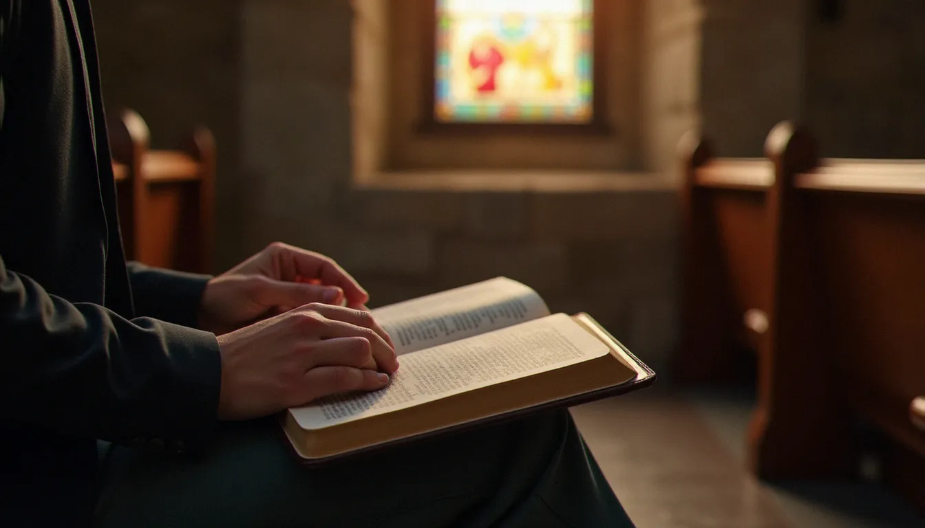 Personne recueillie dans une chapelle en pierre, une Bible ouverte devant elle, symbolisant l'esprit et la spiritualité chrétienne