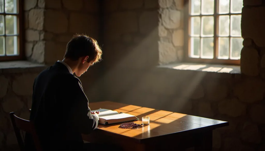 Lecteur méditant sur un livre dans une chapelle de pierre, illustrant une formation spiritualité chrétienne
