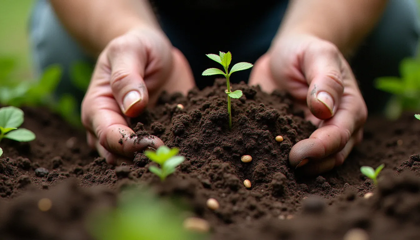 Mains travaillant la terre dans un jardin communautaire, illustrant le rôle spirituel de gardien de la terre.