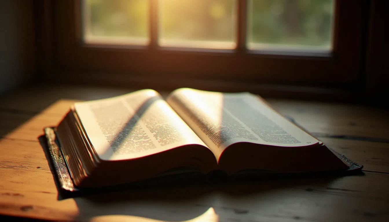 Une Bible ancienne ouverte sur une table, éclairée par un rayon de soleil du matin