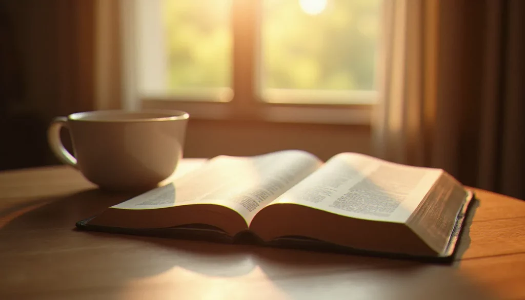 Bible ouverte sur une table en bois dans une lumière douce, illustrant les bases de la spiritualité chrétienne