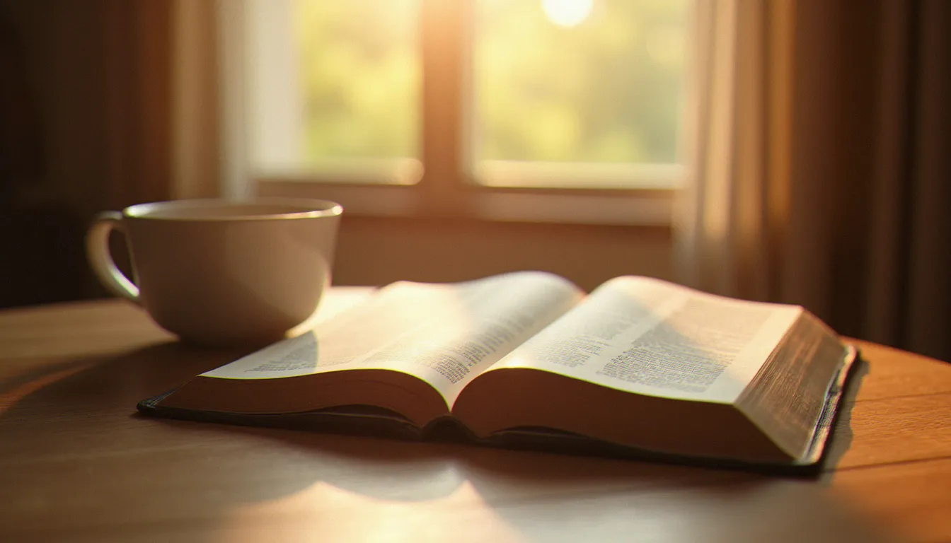 Bible ouverte sur une table en bois dans une lumière douce, illustrant les bases de la spiritualité chrétienne