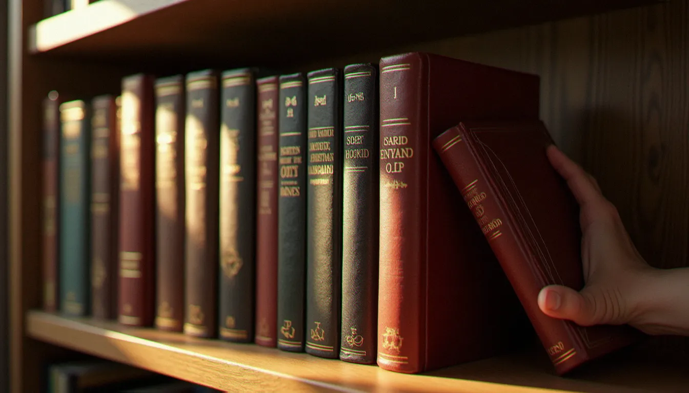 Main saisissant un volume sur une étagère de classiques de la spiritualité chrétienne alignés sur un rayonnage en bois