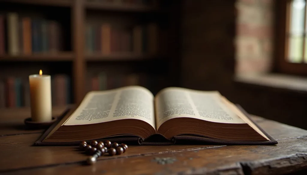 Livre ancien ouvert posé sur une table en bois près d'une bougie et d'un chapelet, illustrant les livres de spiritualité chrétienne