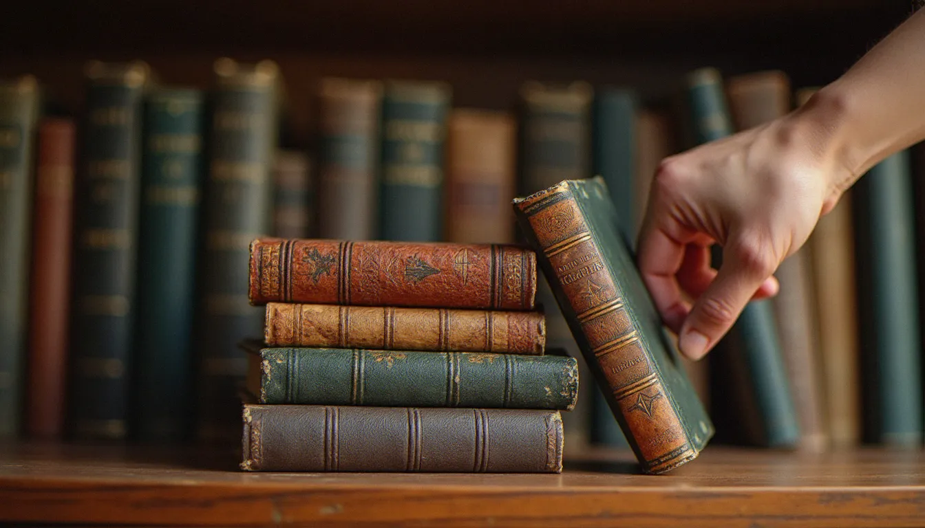 Pile de classiques de la spiritualité chrétienne sur une étagère de bibliothèque, dont une main retire un volume