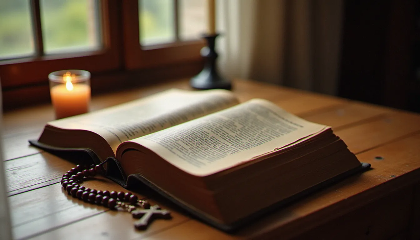 Livre de spiritualité chrétienne ouvert sur une table en bois près d'une bougie, illustrant le choix du meilleur livre spiritualité