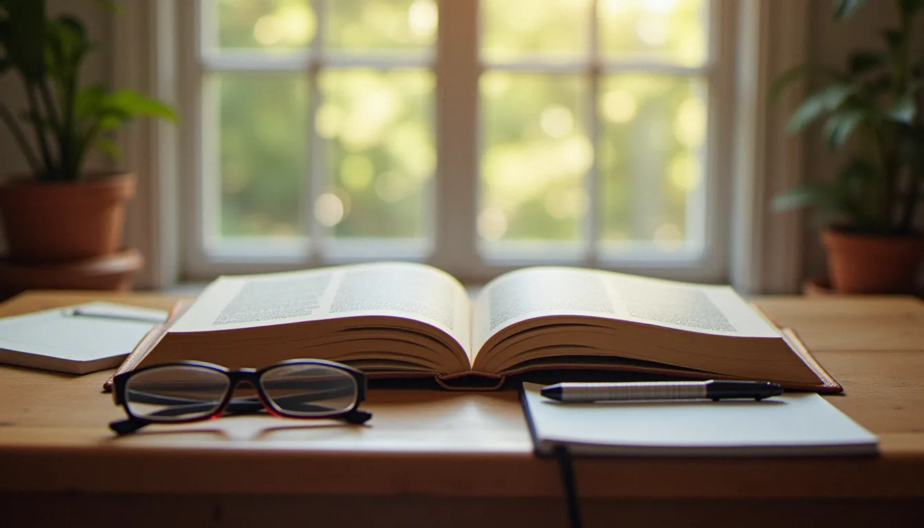 Deux livres ouverts côte à côte sur une table en bois, avec lunettes et carnet, évoquant la différence entre réflexion philosophique et lecture spirituelle
