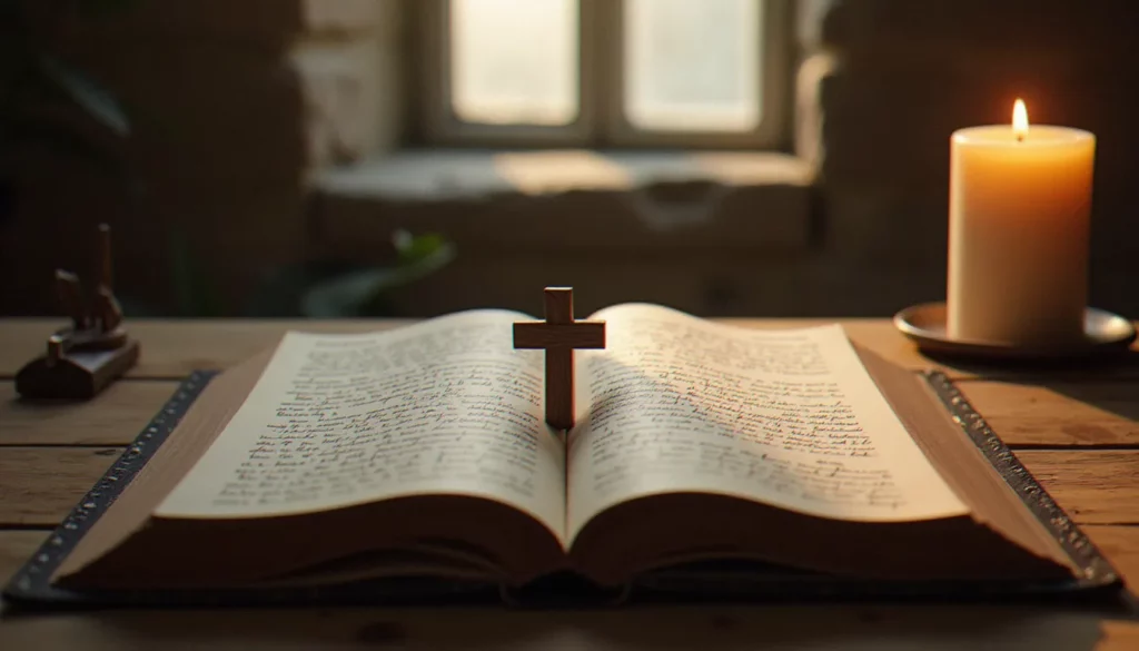 Livre ancien ouvert et petite croix en bois sur un bureau en chêne, symbolisant le dialogue entre philosophie et spiritualité
