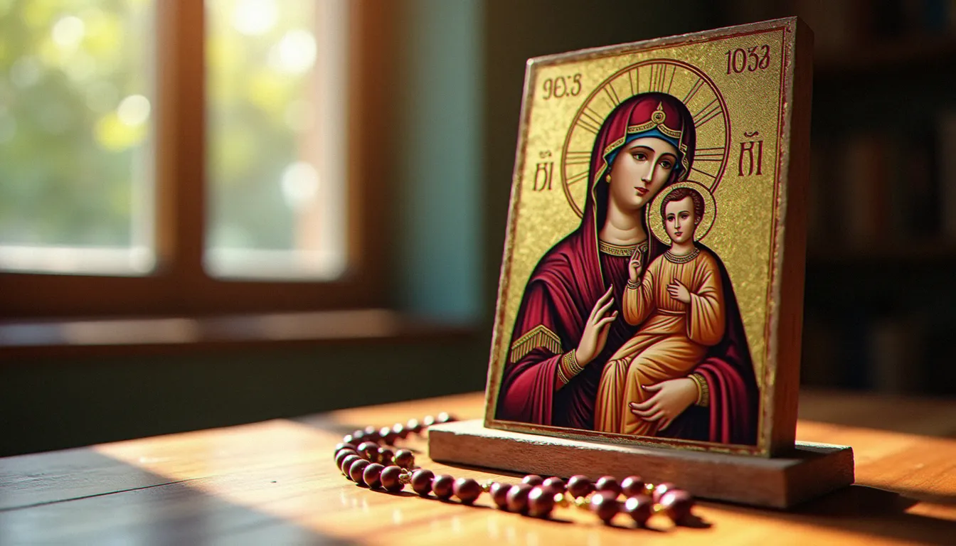Icône de la Vierge à l'Enfant sur fond doré posée près d'un chapelet, support de regard dans la tradition chrétienne