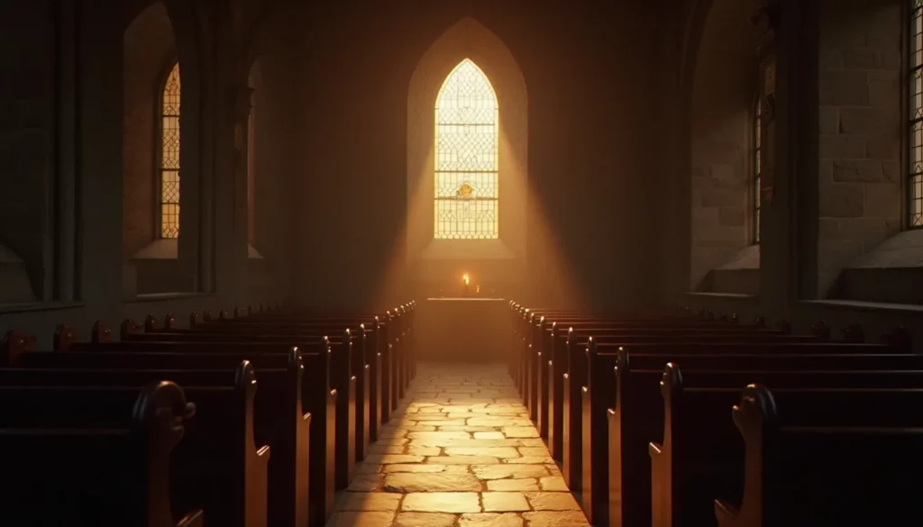 Rai de lumière traversant un vitrail dans une chapelle silencieuse, illustration d'une photo spiritualité propice au recueillement