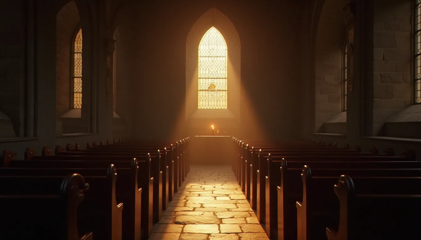 Rai de lumière traversant un vitrail dans une chapelle silencieuse, illustration d'une photo spiritualité propice au recueillement
