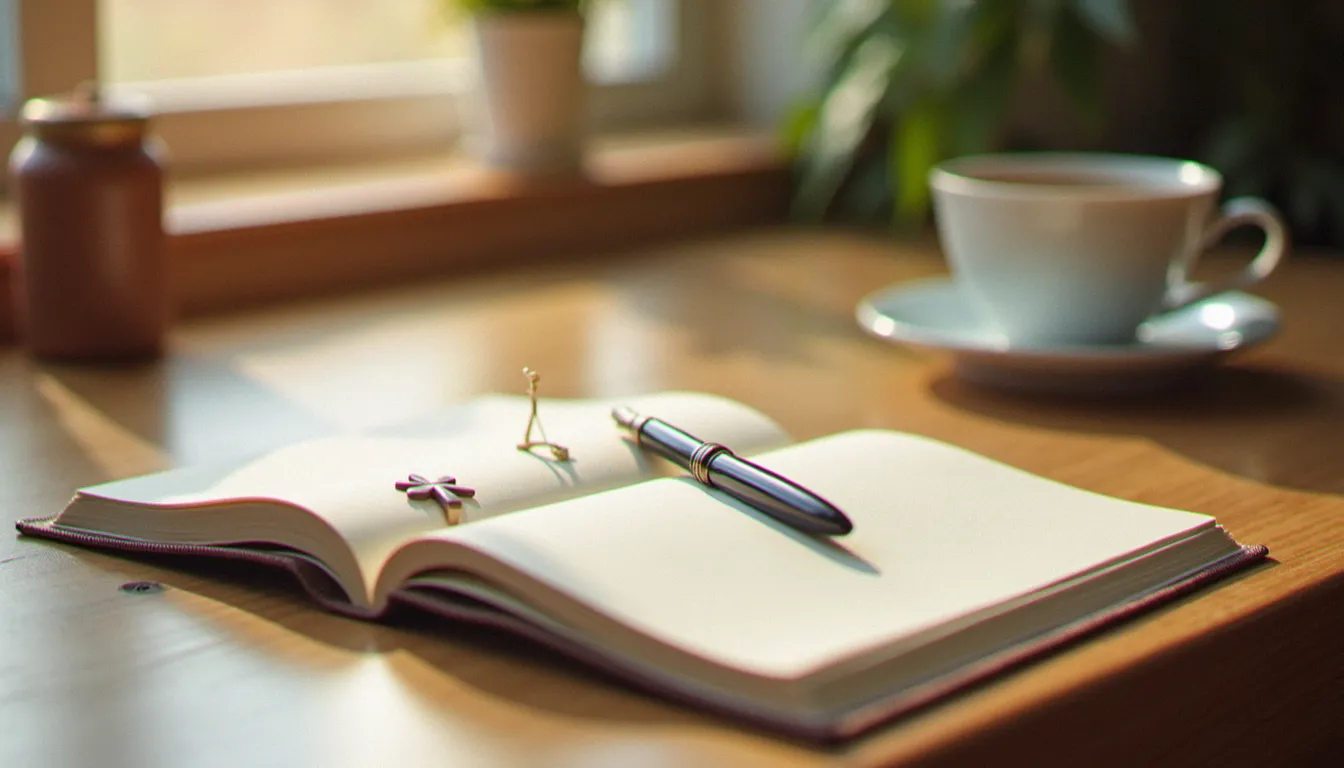 Un carnet ouvert, un stylo plume et une petite croix sur un bureau en bois, pour distinguer compréhension de soi et appel spirituel