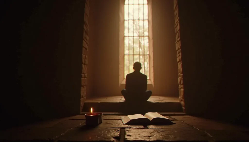 Une personne recueillie près d'une fenêtre dans une chapelle de pierre, illustrant la psychologie et spiritualité de la vie intérieure