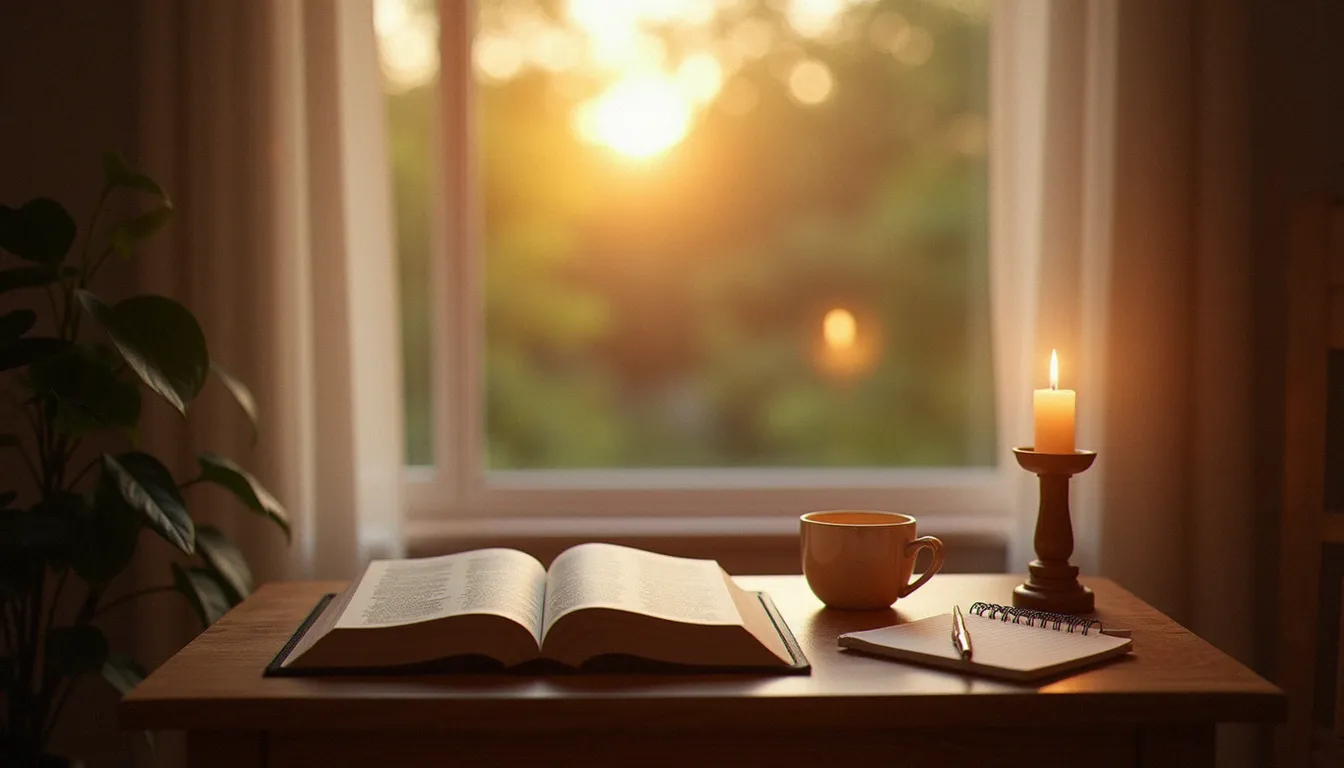 Coin de prière à la maison avec une Bible, une bougie et un carnet de notes pour commencer sa démarche spirituelle