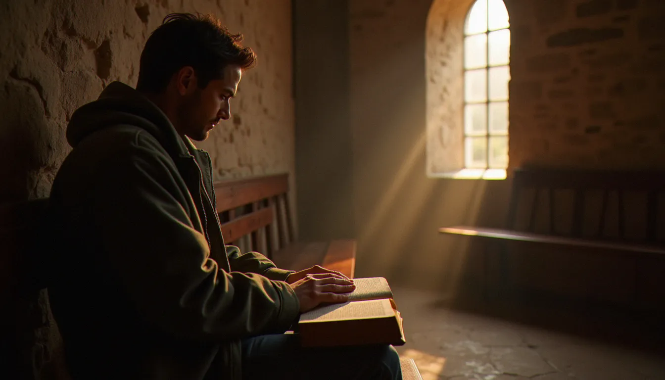 Personne recueillie dans une chapelle de pierre, une Bible ouverte sur les genoux, illustrant la recherche spirituelle chrétienne