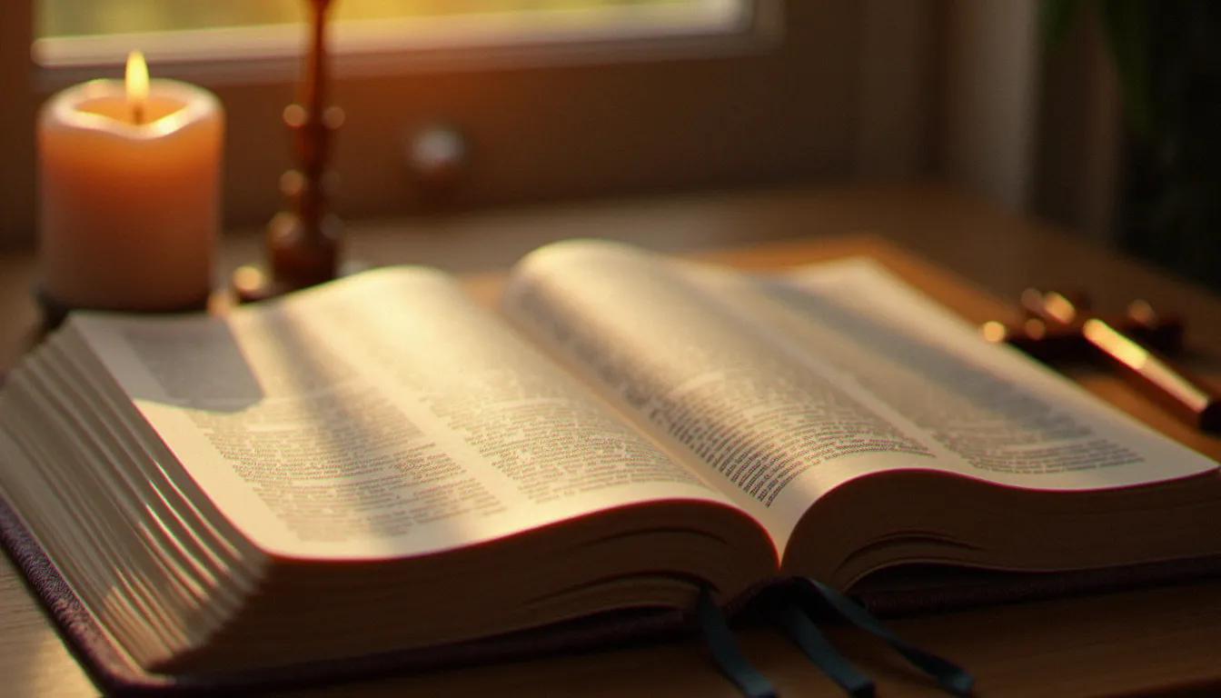 Une Bible ouverte sur une table, symbole de la lecture spirituelle et de la religion et spiritualité.