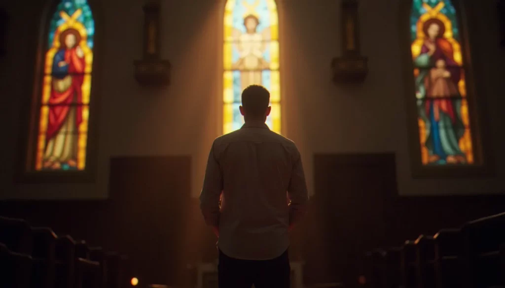 Une personne en prière dans une église paisible, illustrant la religion et spiritualité.