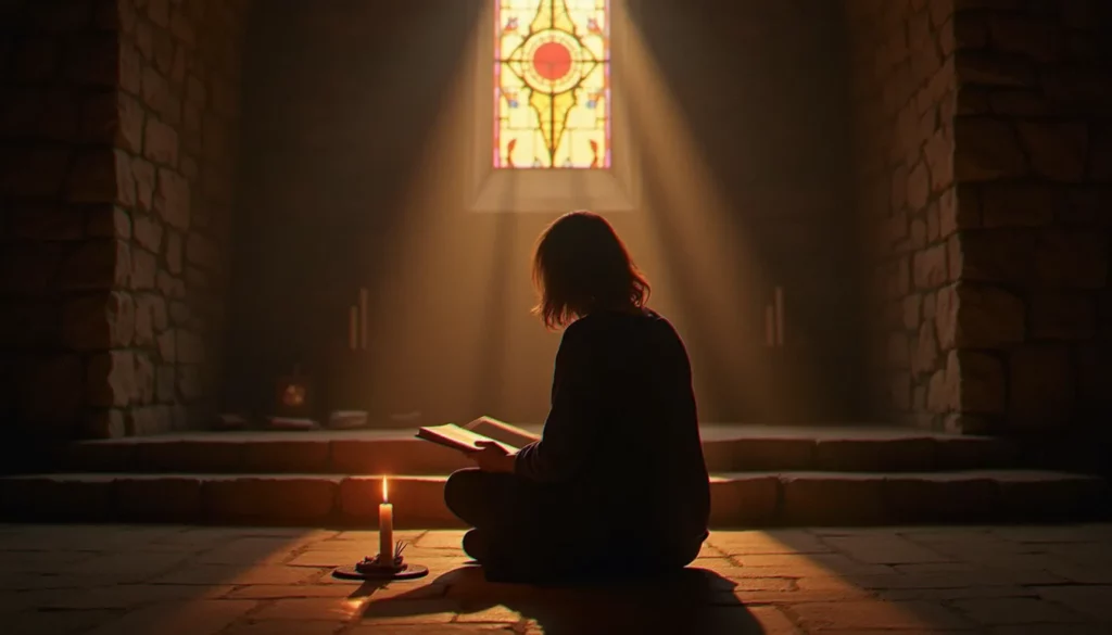 Une personne recueillie dans une chapelle de pierre au petit matin, symbolisant la spiritualité et le développement personnel