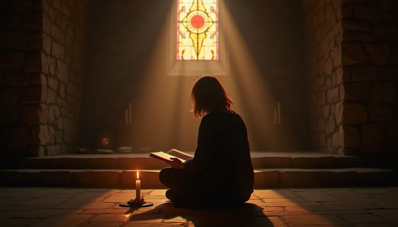 Une personne recueillie dans une chapelle de pierre au petit matin, symbolisant la spiritualité et le développement personnel