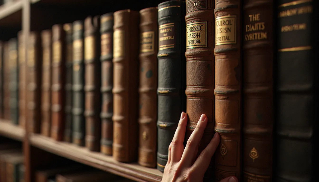 Main saisissant un livre parmi une rangée d'ouvrages classiques de spiritualité chrétienne sur une étagère en bois