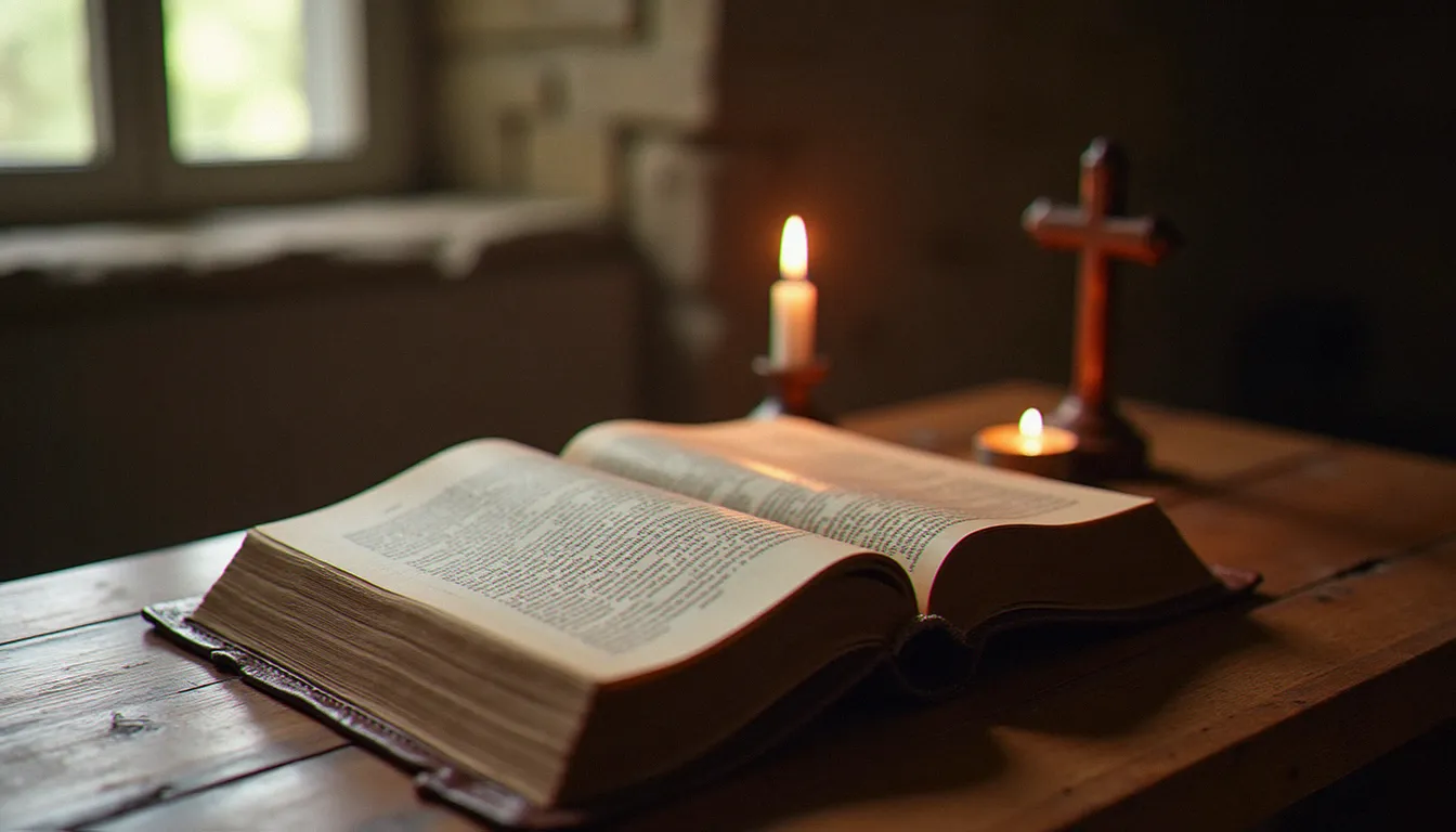 Livre de spiritualité ancien ouvert sur une table en bois, près d'une bougie, dans un coin de prière paisible