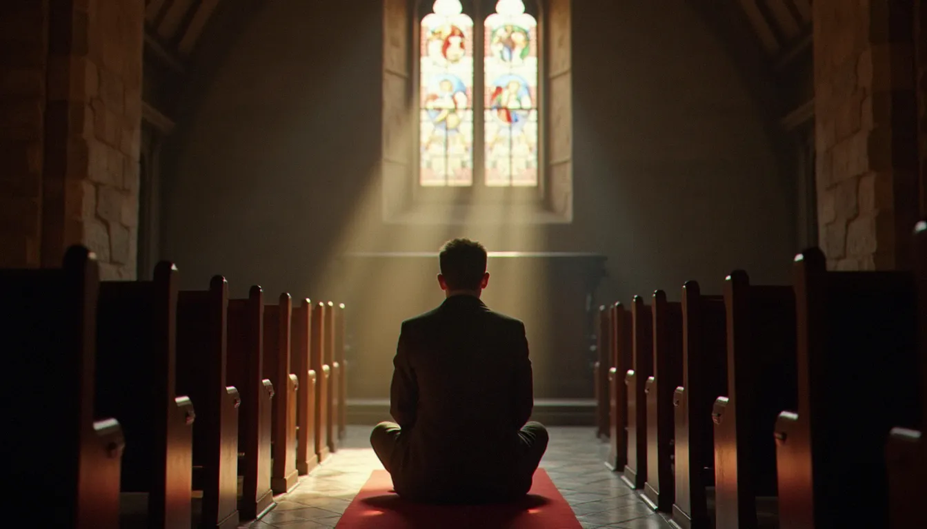 Personne en prière silencieuse dans une chapelle de pierre, illustrant les mots proches de la spiritualité comme la contemplation et le recueillement