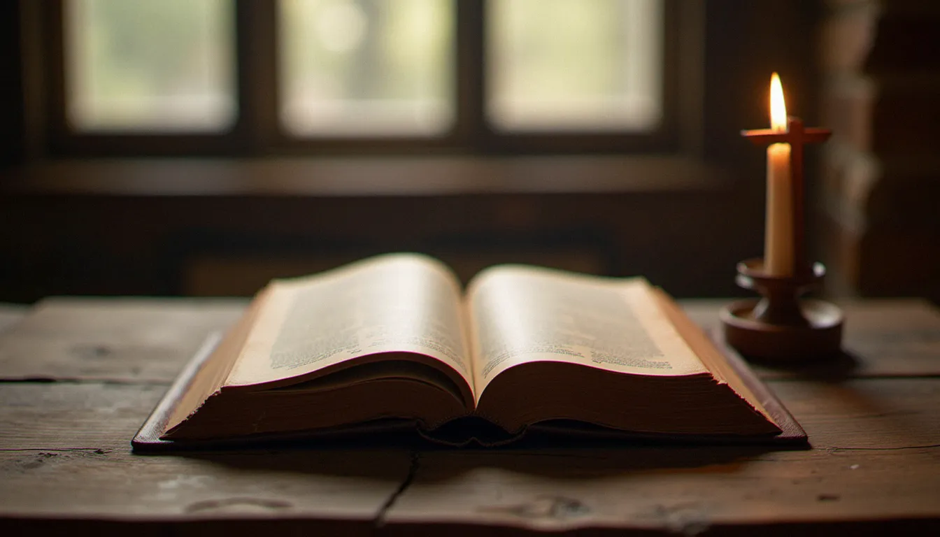 Livre ancien ouvert près d'une bougie et d'une petite croix en bois, évoquant le synonyme de spiritualité et la vie intérieure
