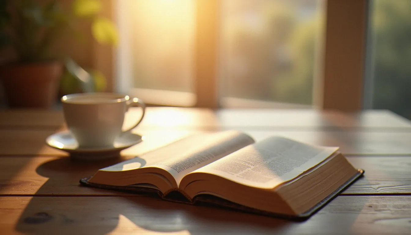 Bible ouverte sur une table avec une tasse de café, lumière du matin, moment de prière personnelle