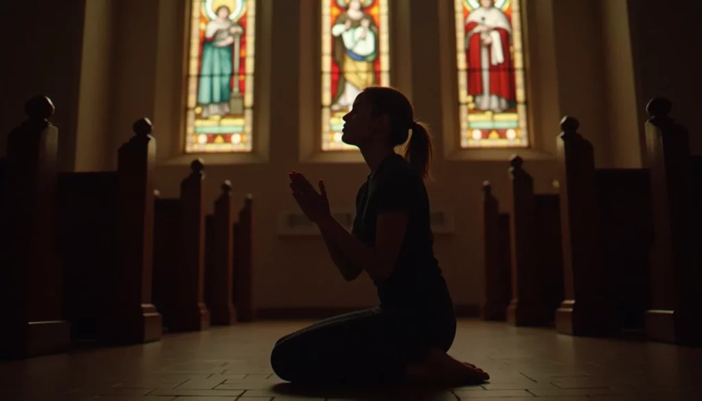 Personne en prière dans une église aux vitraux colorés, illustrant la vie spirituelle chrétienne
