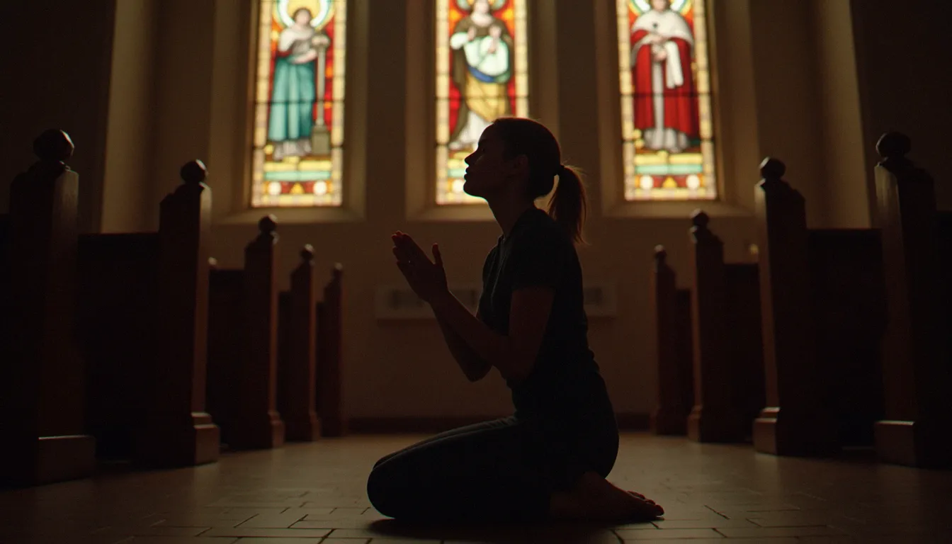 Personne en prière dans une église aux vitraux colorés, illustrant la vie spirituelle chrétienne